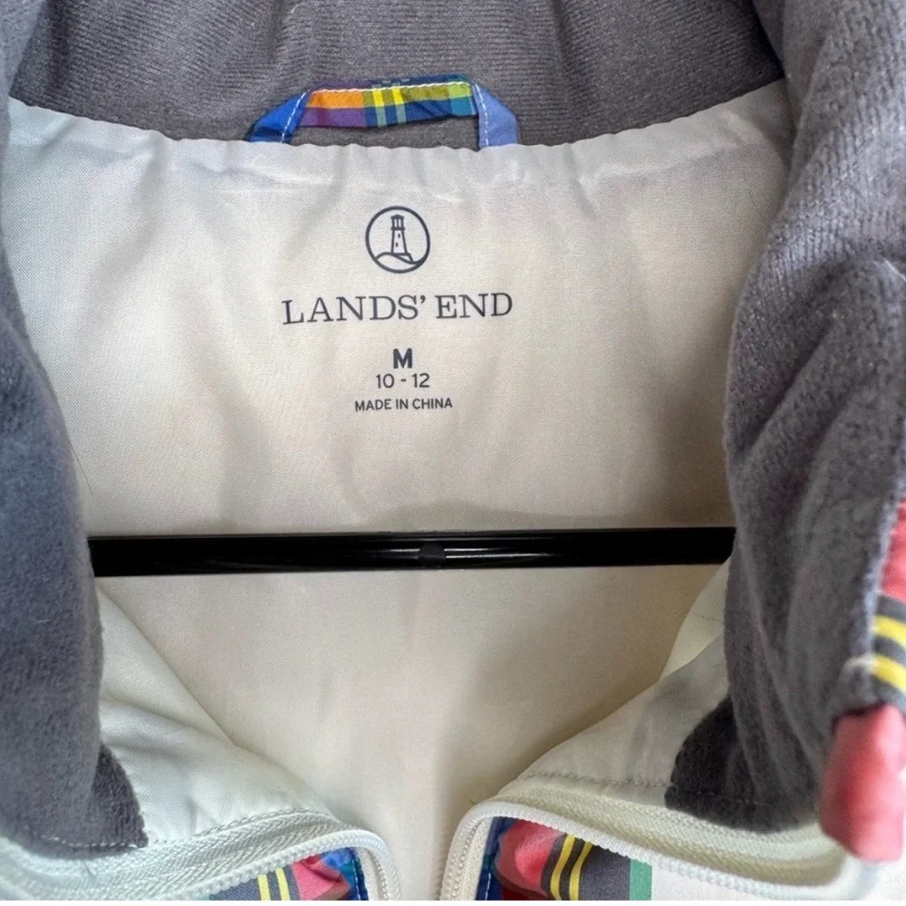 Lands' End Plaid Puffer Vest Full Zip Size M Down Filled‎ Red Blue White